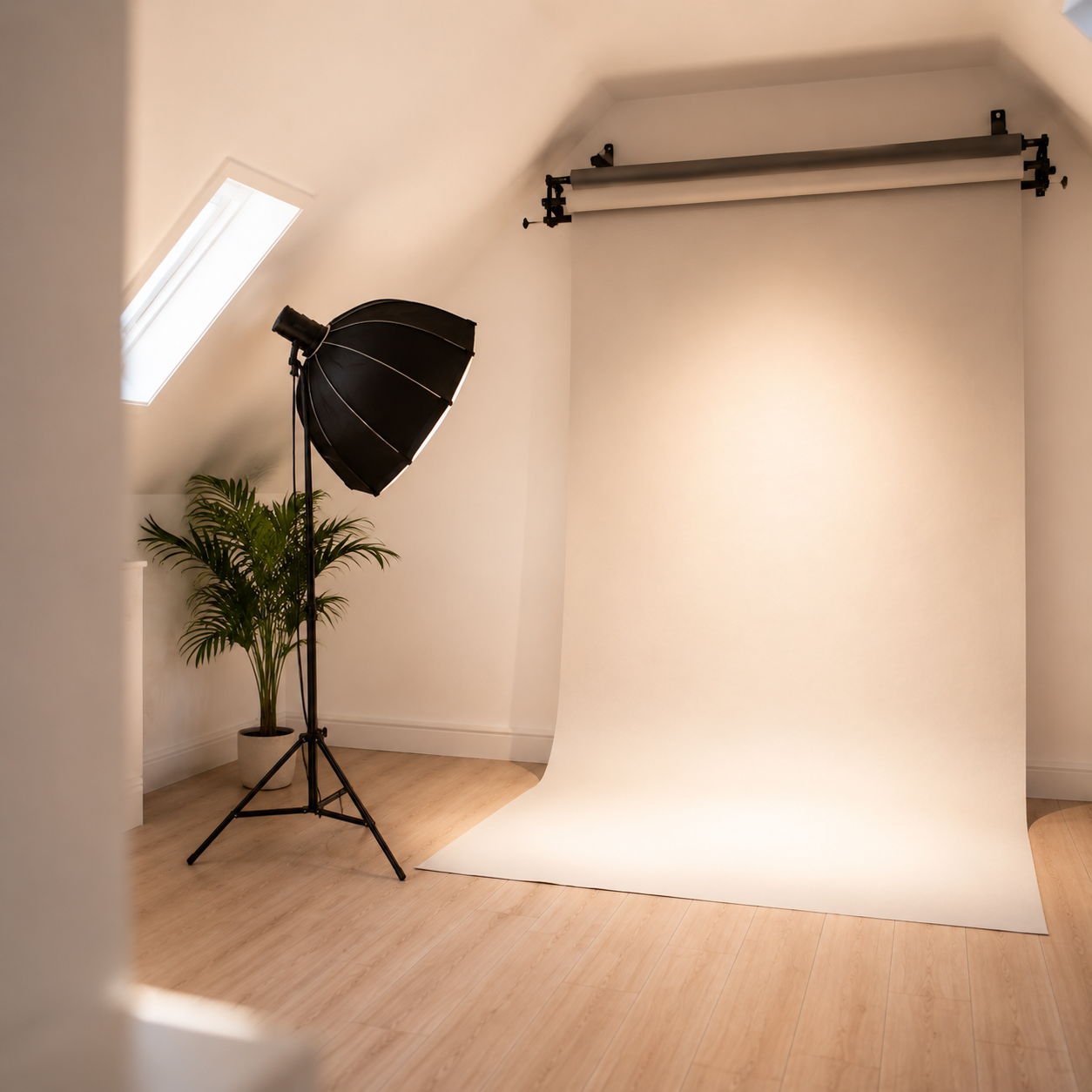 Close design concept of the White Lion Studios portrait backdrop and lighting set-up